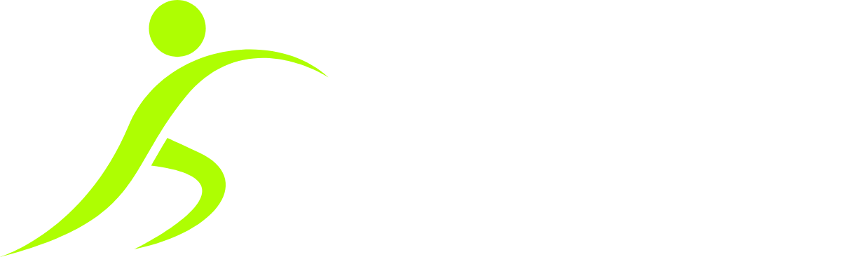 A lime green abstract logo featuring a stylized figure in a running or lunging pose.