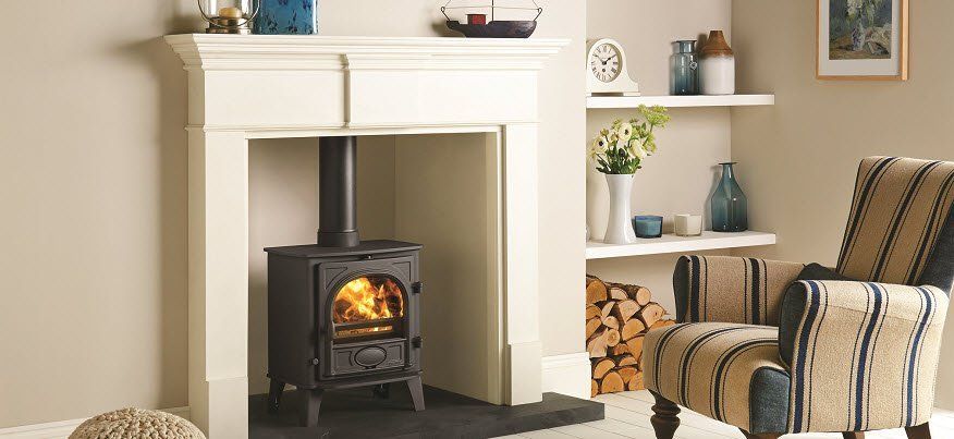 Traditional wood burning stove with mantel