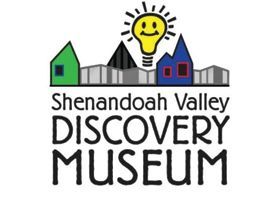 Logo: Shenandoah Valley Discovery Museum. Colorful buildings, lightbulb with smiling face.