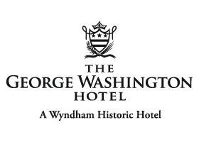 Logo for The George Washington Hotel, a Wyndham Historic Hotel, with emblem and text.