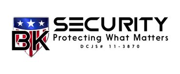 Logo for BK Security, an American flag-themed shield with 