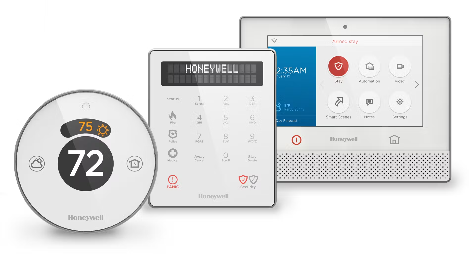 Smart home devices: thermostat, security keypad, touchscreen control panel. White and gray devices.