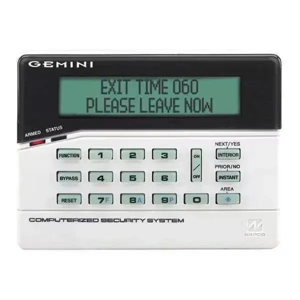 Gemini security system keypad with display showing 