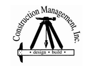Logo for Construction Management, Inc., with surveying instrument atop a level; 