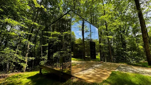 A mirrored building in the middle of a forest.