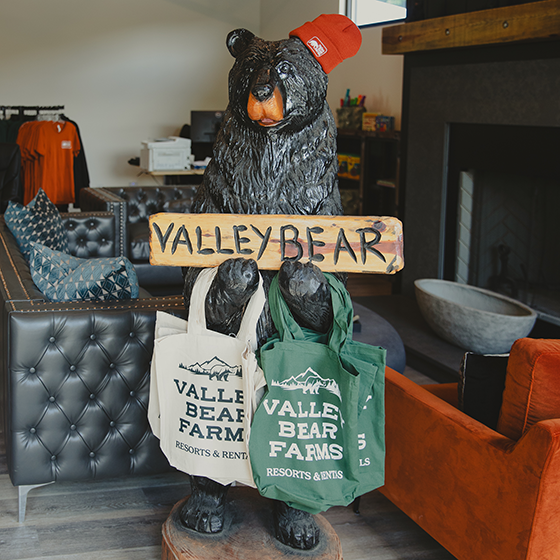 A statue of a bear holding a sign that says valley bear