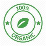 A green stamp that says `` 100 % organic '' with a leaf in the center.