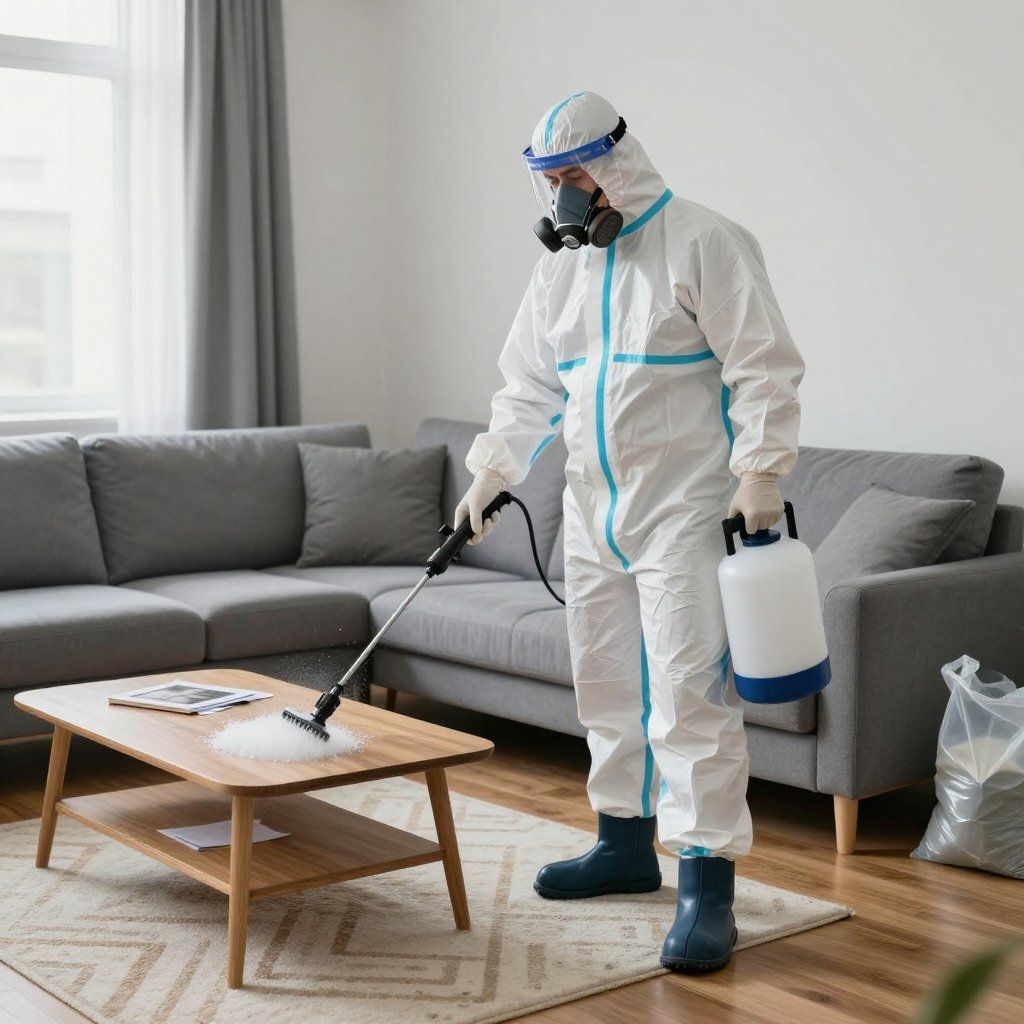 Person in hazmat suit spraying a living room table; gray couch and window in the background.