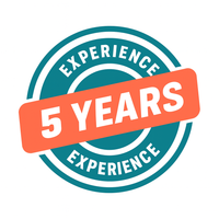 Badge: 5 years experience, teal circle with orange rectangle.