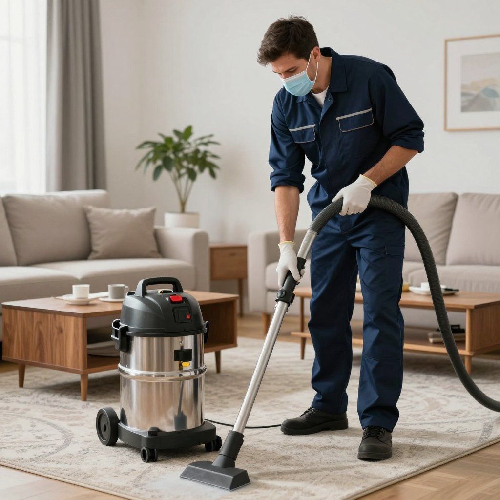 A person in uniform vacuums a rug in a living room, wearing gloves and a mask, with a metal vacuum cleaner.