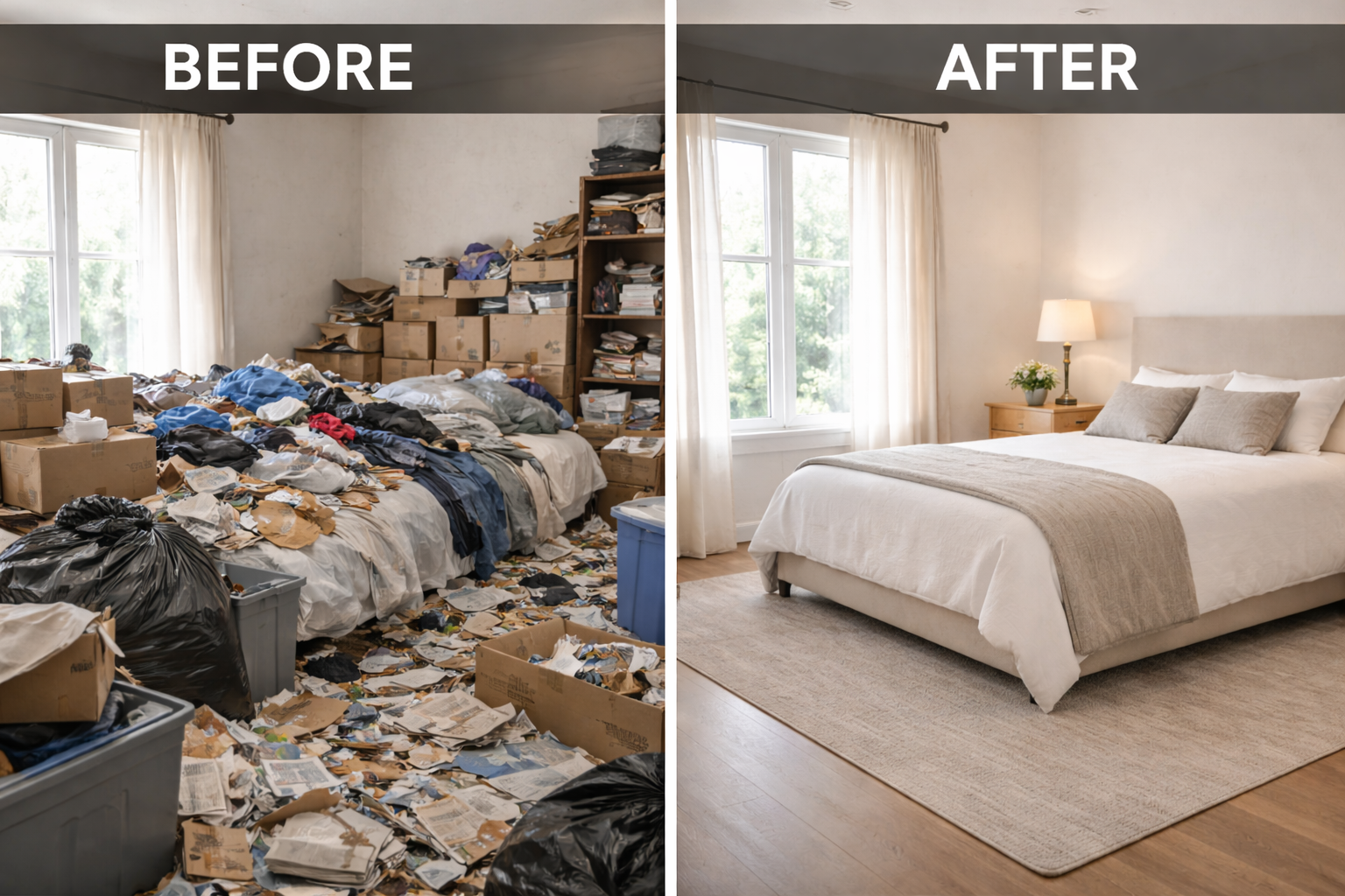 A person in uniform vacuums a rug in a living room, wearing gloves and a mask, with a metal vacuum cleaner.