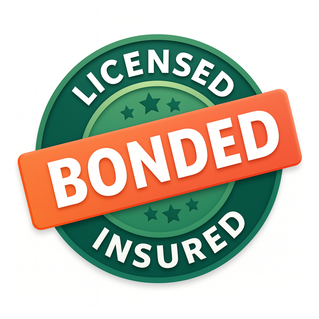 Green circle badge with orange rectangle: