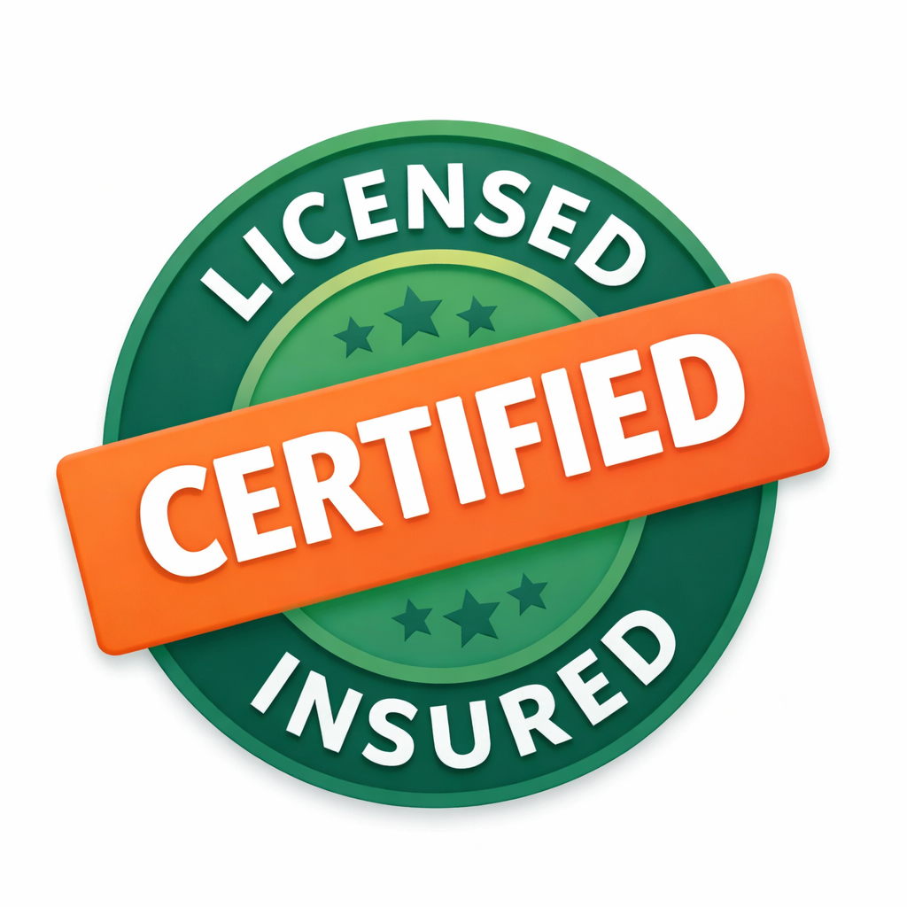 Green circle badge with orange rectangle: