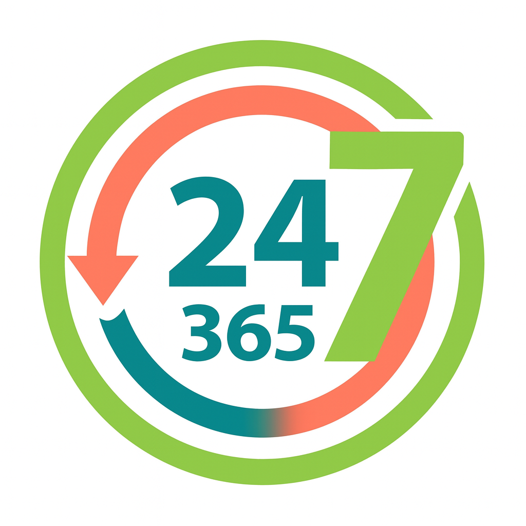Circle graphic with 24/7/365, surrounded by a looping arrow. Colors: green, teal, and coral.