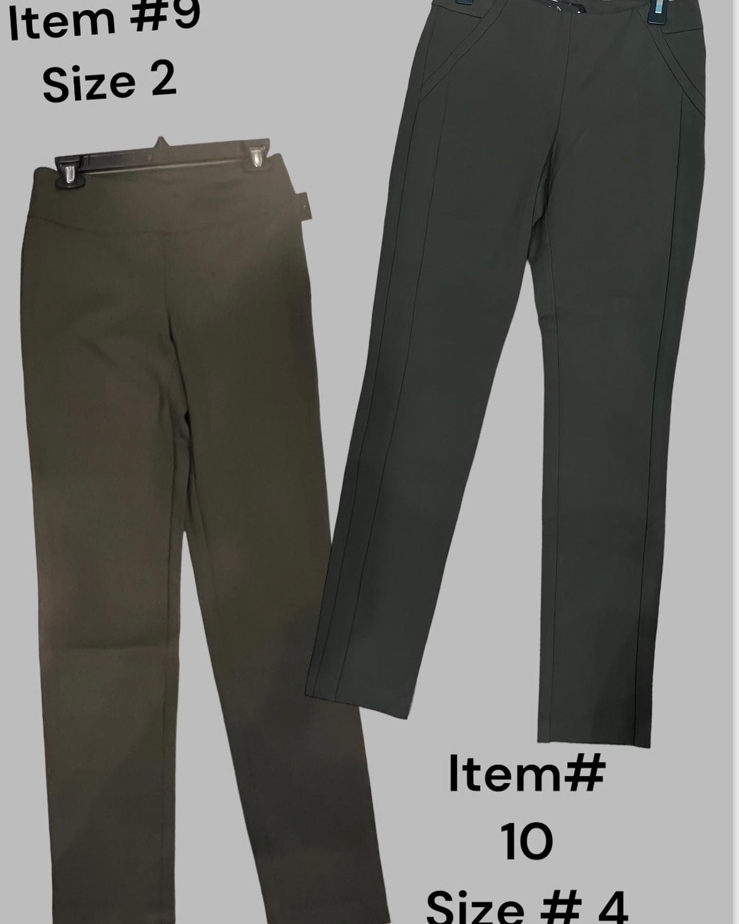 Two pairs of olive green pants, one size 2 and one size 4, displayed against a gray background.