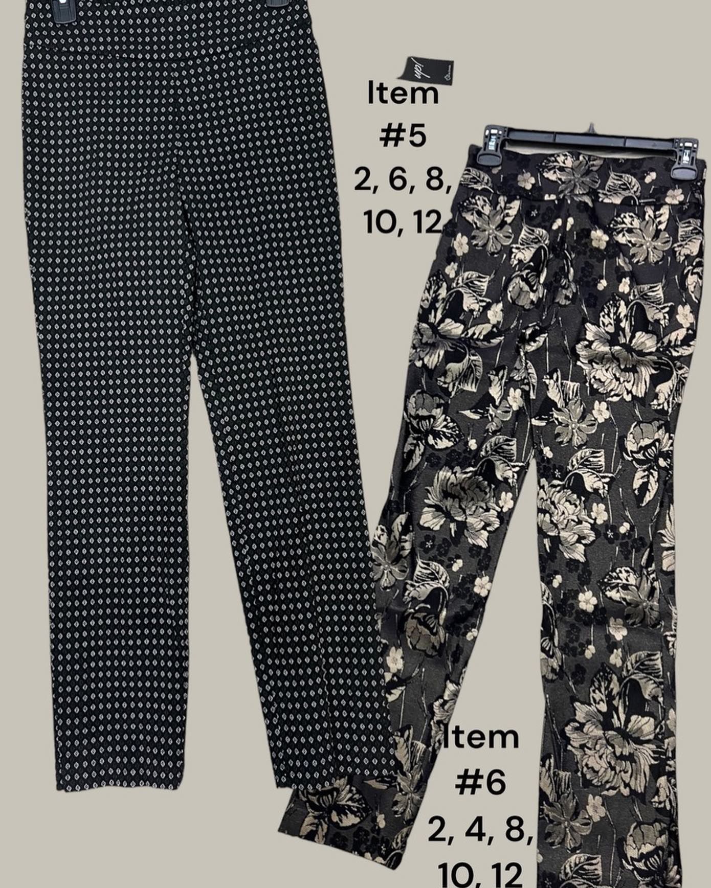 Two pairs of pants: one black and white check, one black floral, with sizes listed.