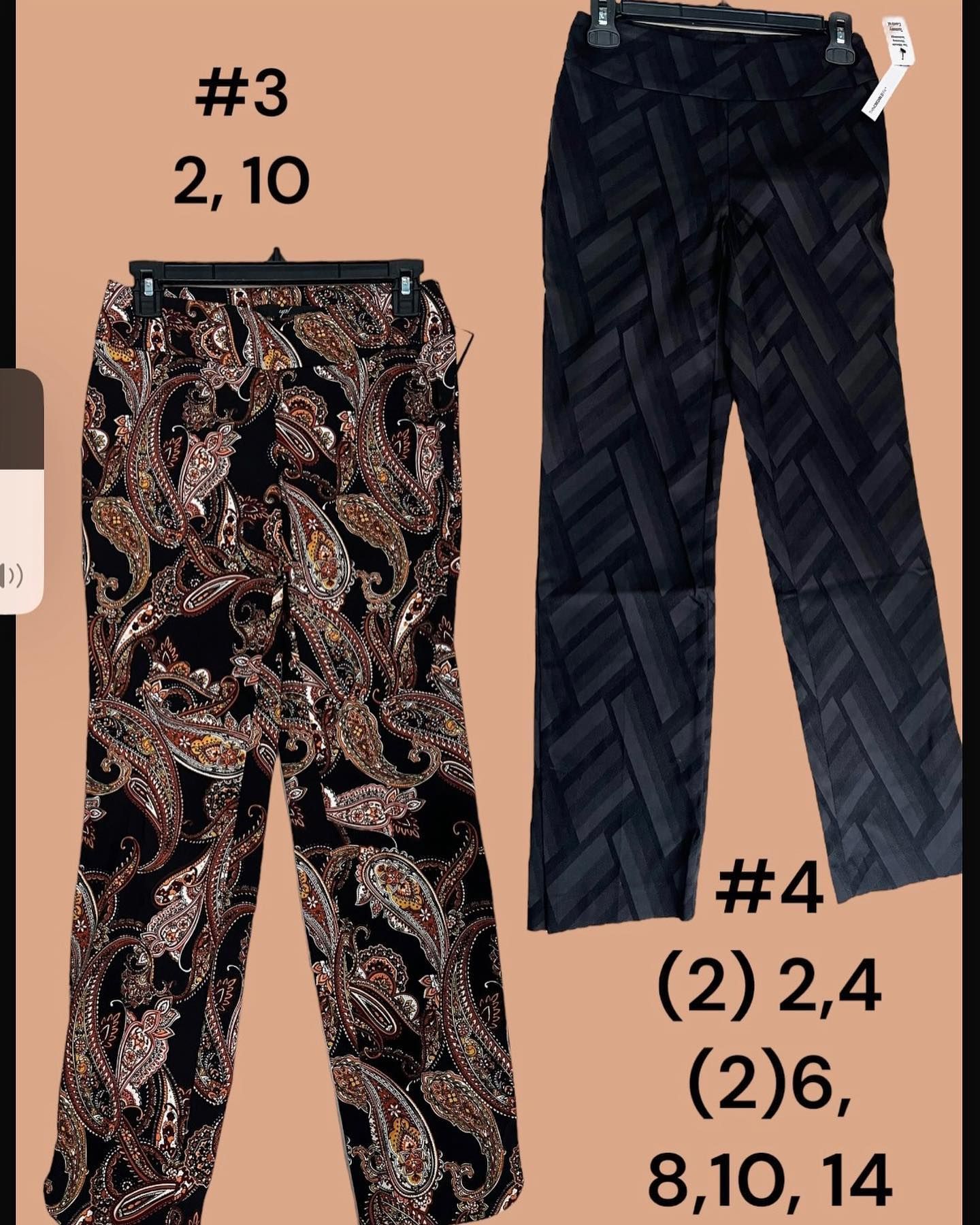 Two pairs of pants. One paisley print, the other geometric in dark colors. Sizes listed.