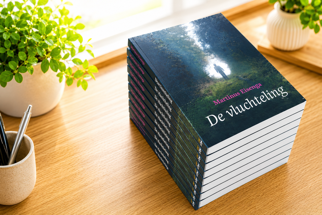 Een stapel donkergroene boeken op een houten bureau naast een potplant en een pennenbakje.