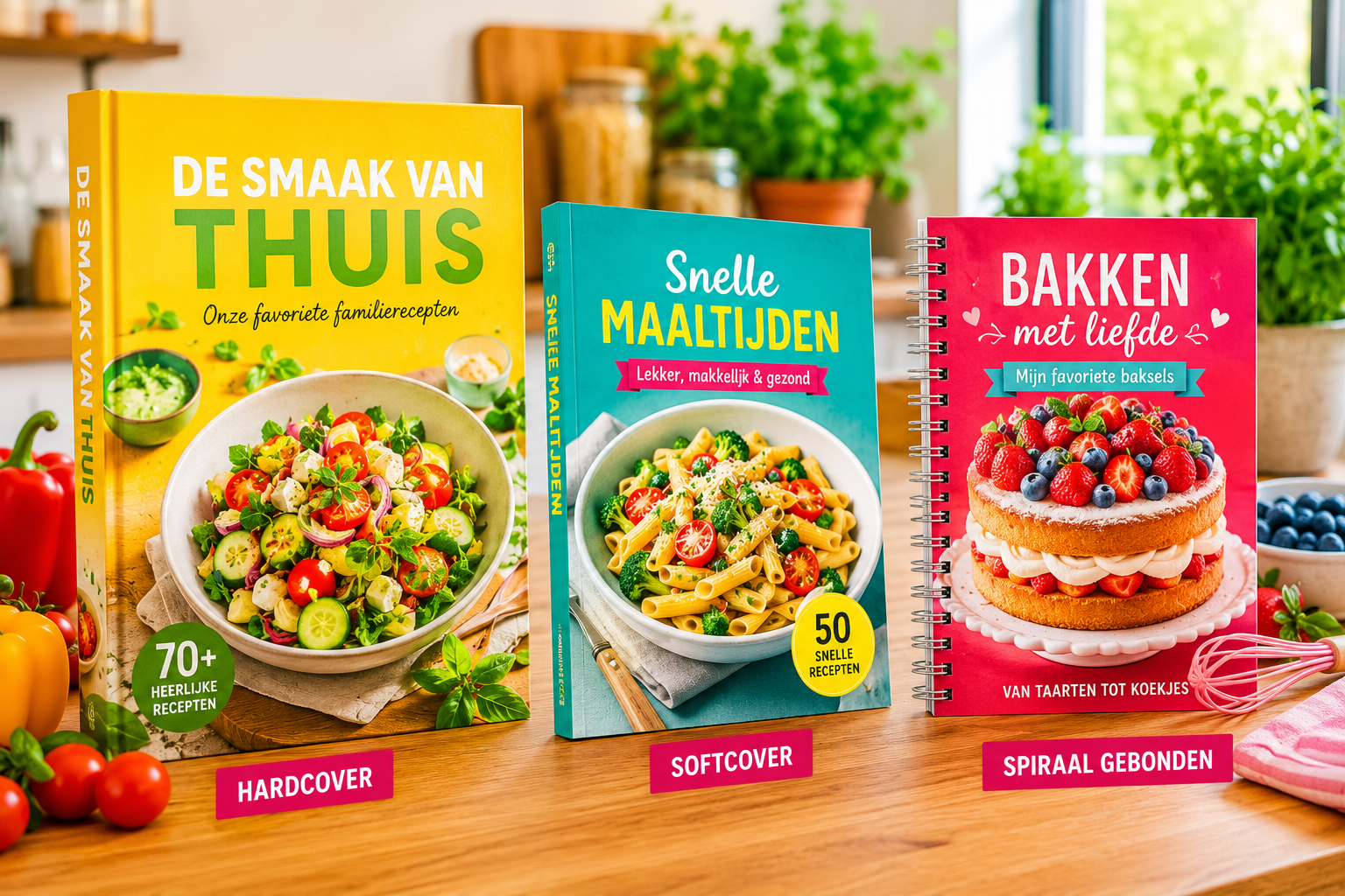 Drie kleurrijke Nederlandse kookboeken staan ​​uitgestald op een houten tafel in een lichte keuken.