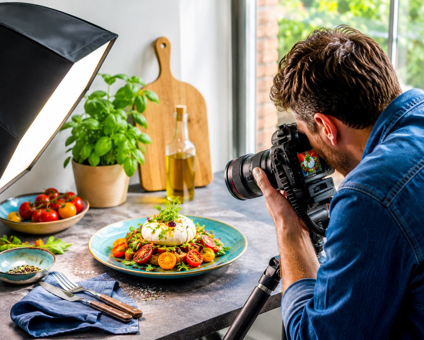 Een fotograaf legt een opgemaakt gerecht vast 