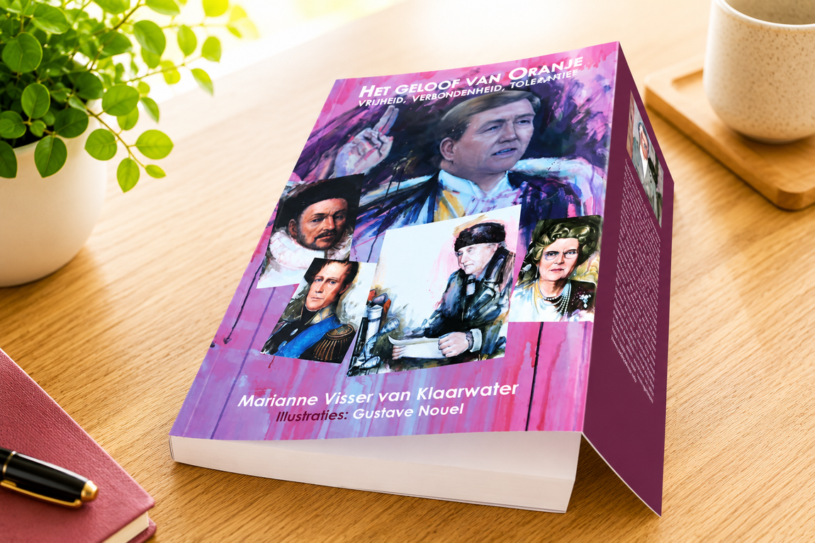 Een roze boek of tijdschrift ligt op een houten bureau naast een pen, notitieboekje, plant en koffiekopje.