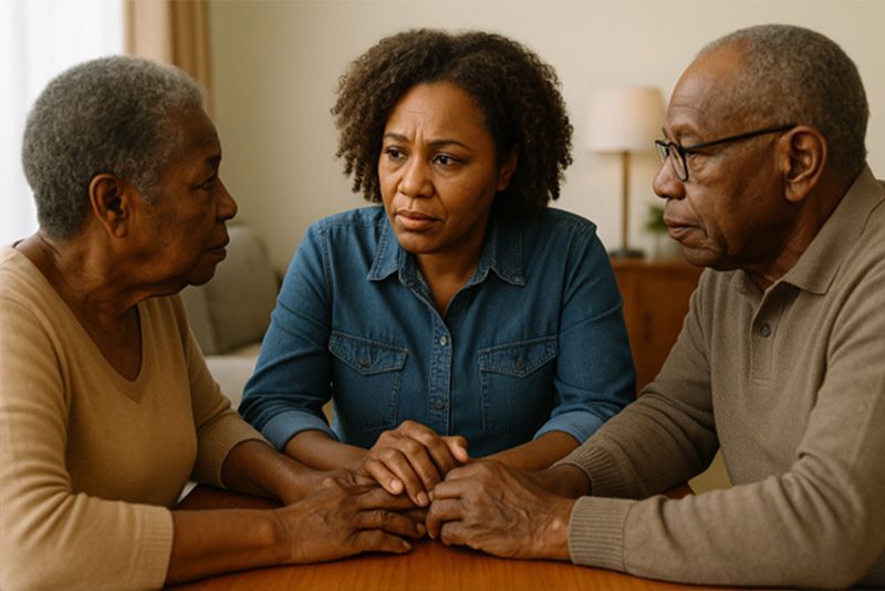 A woman who understands the challenges of becoming a caregiver for a parent holds the hands of her mom and dad.