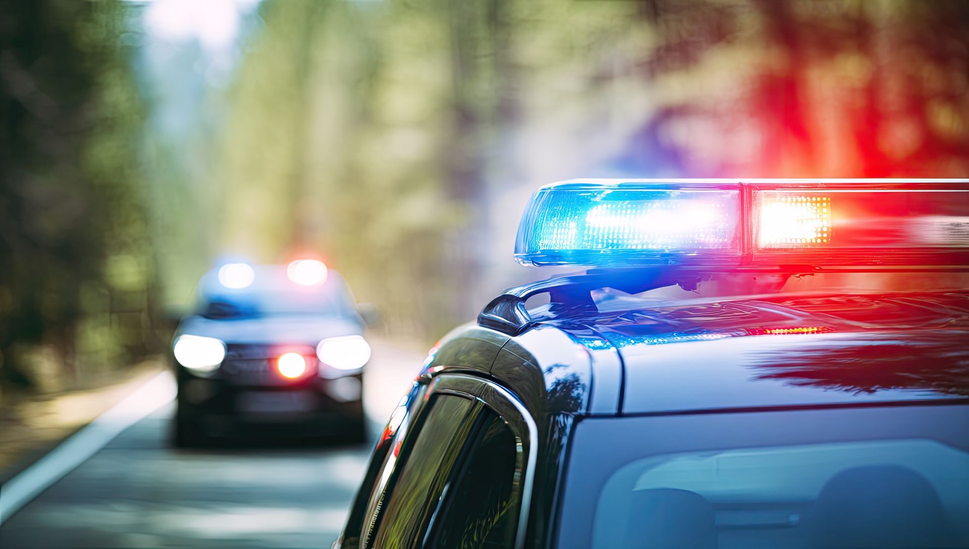 Police car with flashing lights on a road; another police car in the background.