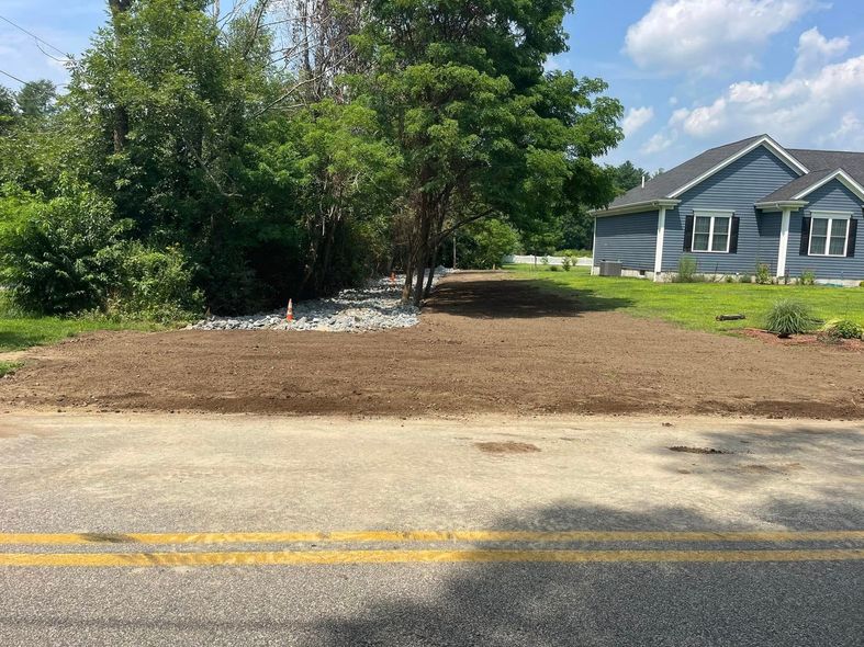 Roadside view: prepared earth bed with a tree and a blue house in the background on a sunny day.