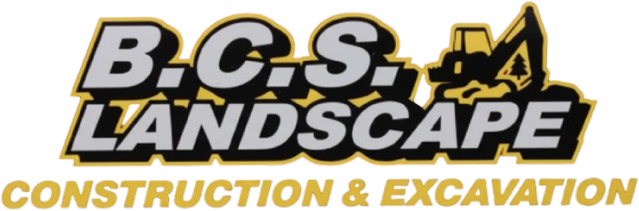 Logo for B.C.S. Landscape with silver and gold text and a graphic of construction equipment.