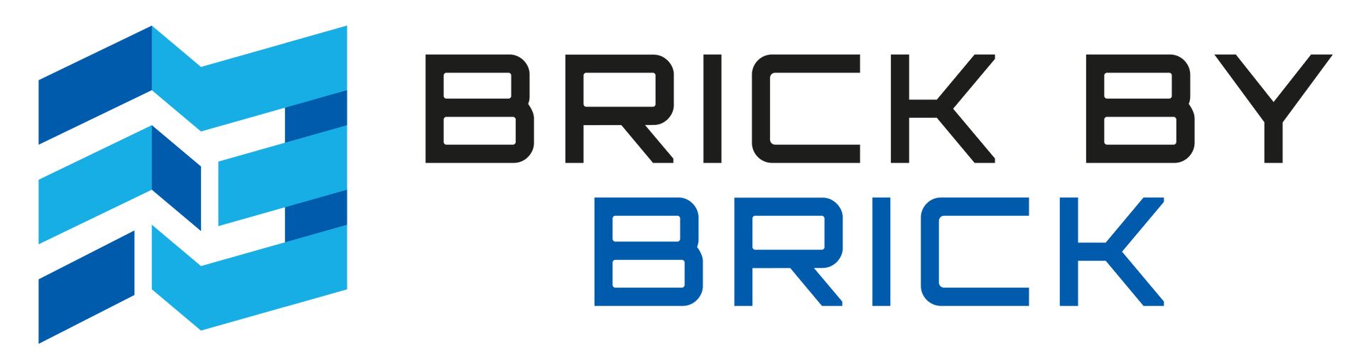 A logo for brick by brick with a blue and white brick on a white background.