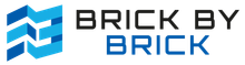 A logo for brick by brick with a blue and white brick on a white background.