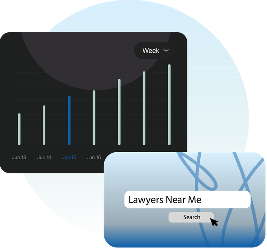 A graphic of a graph next to a map that says lawyers near me