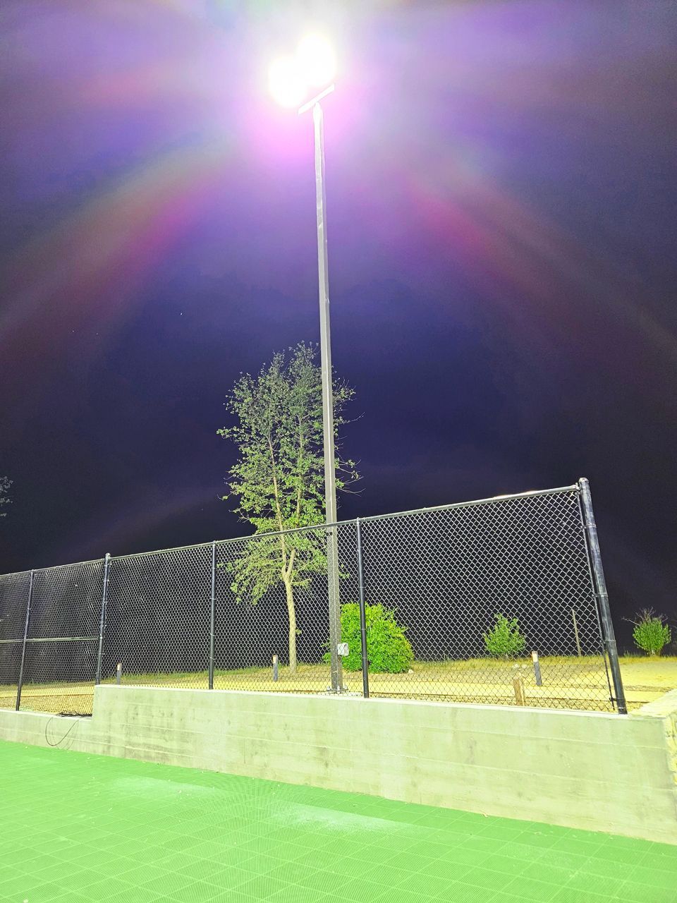 Night view of a tall street light, netting, and small tree on a green surface.