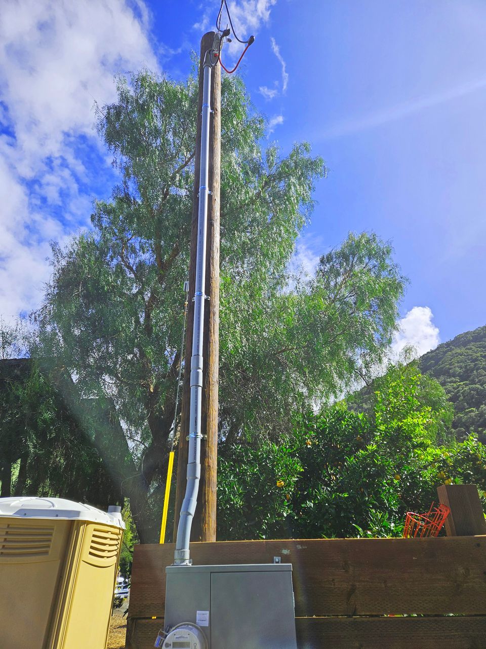 Utility pole with conduit, meter box, and portable toilet against a green tree and blue sky.