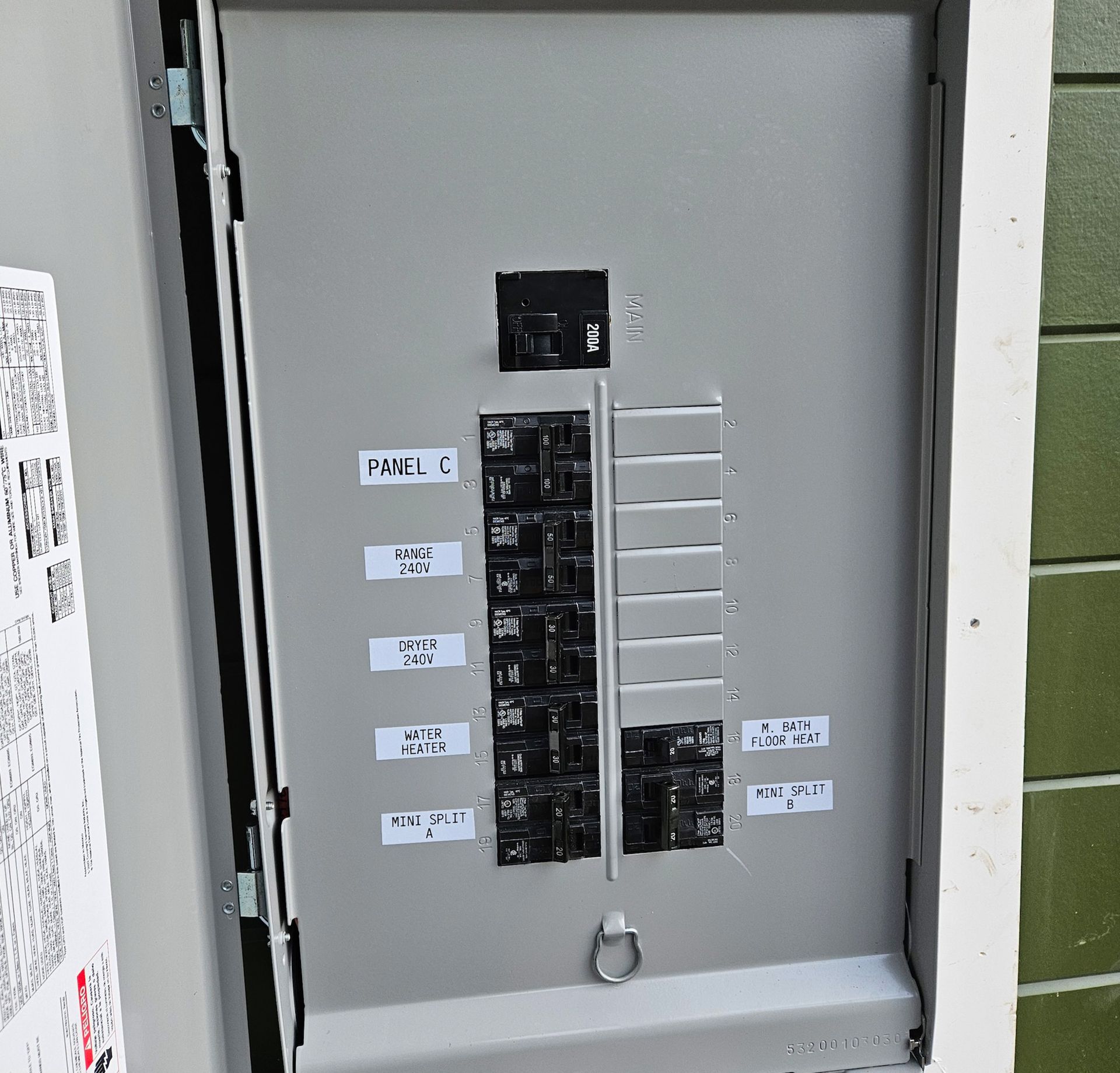 A gray electrical panel with various circuit breakers labeled with white tape.