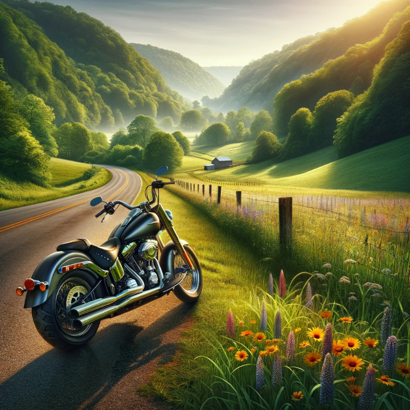 A cruiser motorcycle parked roadside in a field of fresh spring flowers.