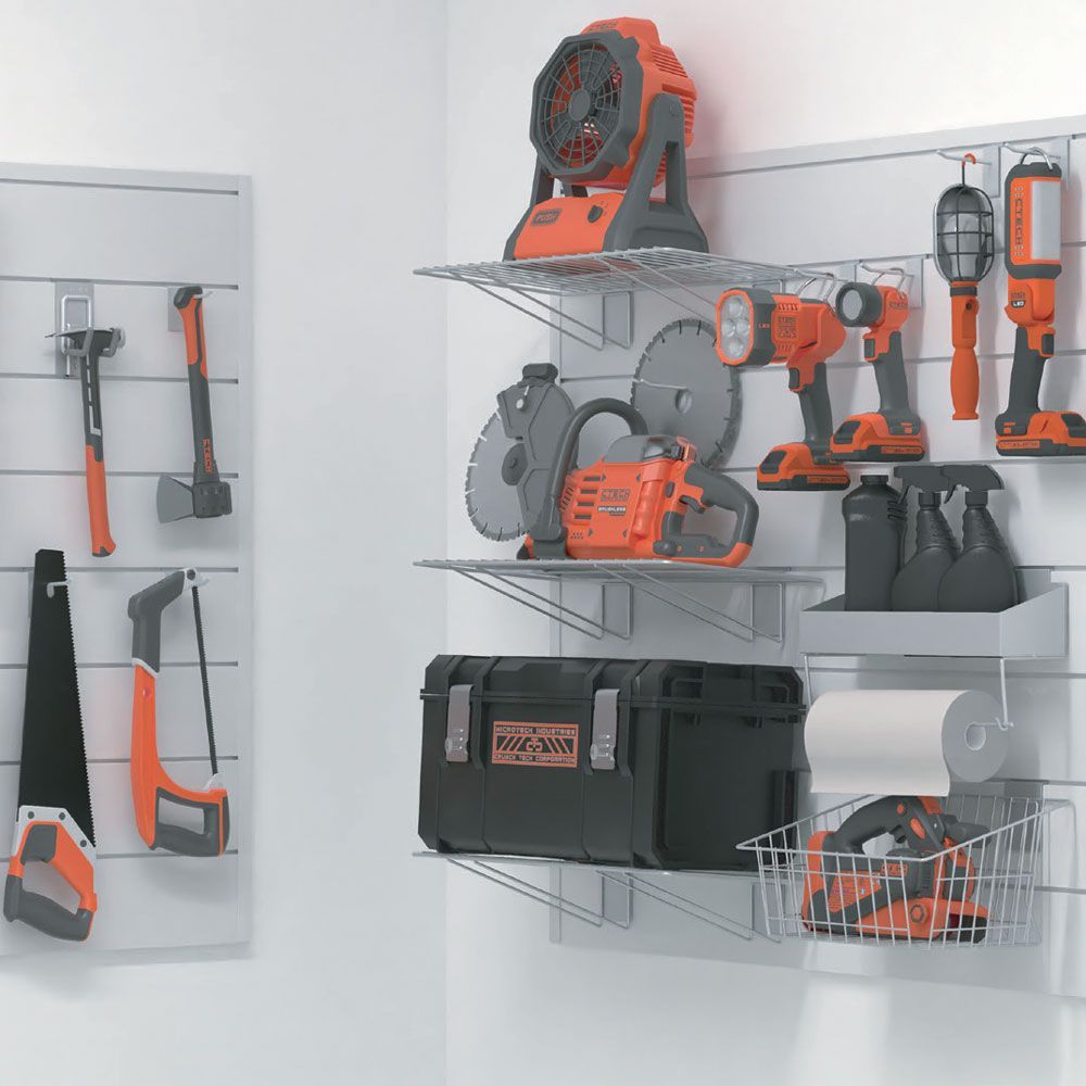 Garage organization system with shelves and tools, orange and black.