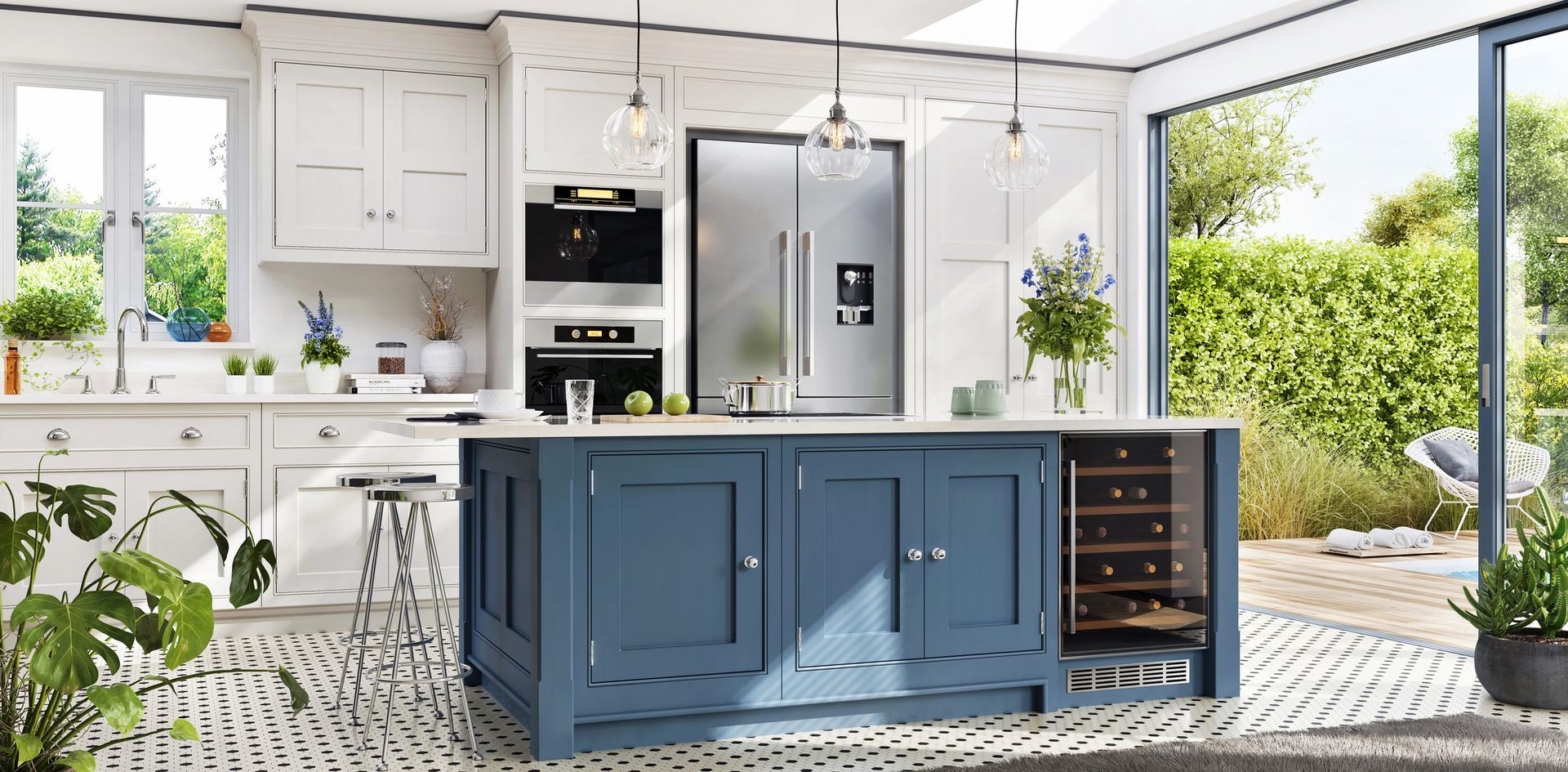 A kitchen with white cabinets, a blue island, a refrigerator, and a wine cooler.