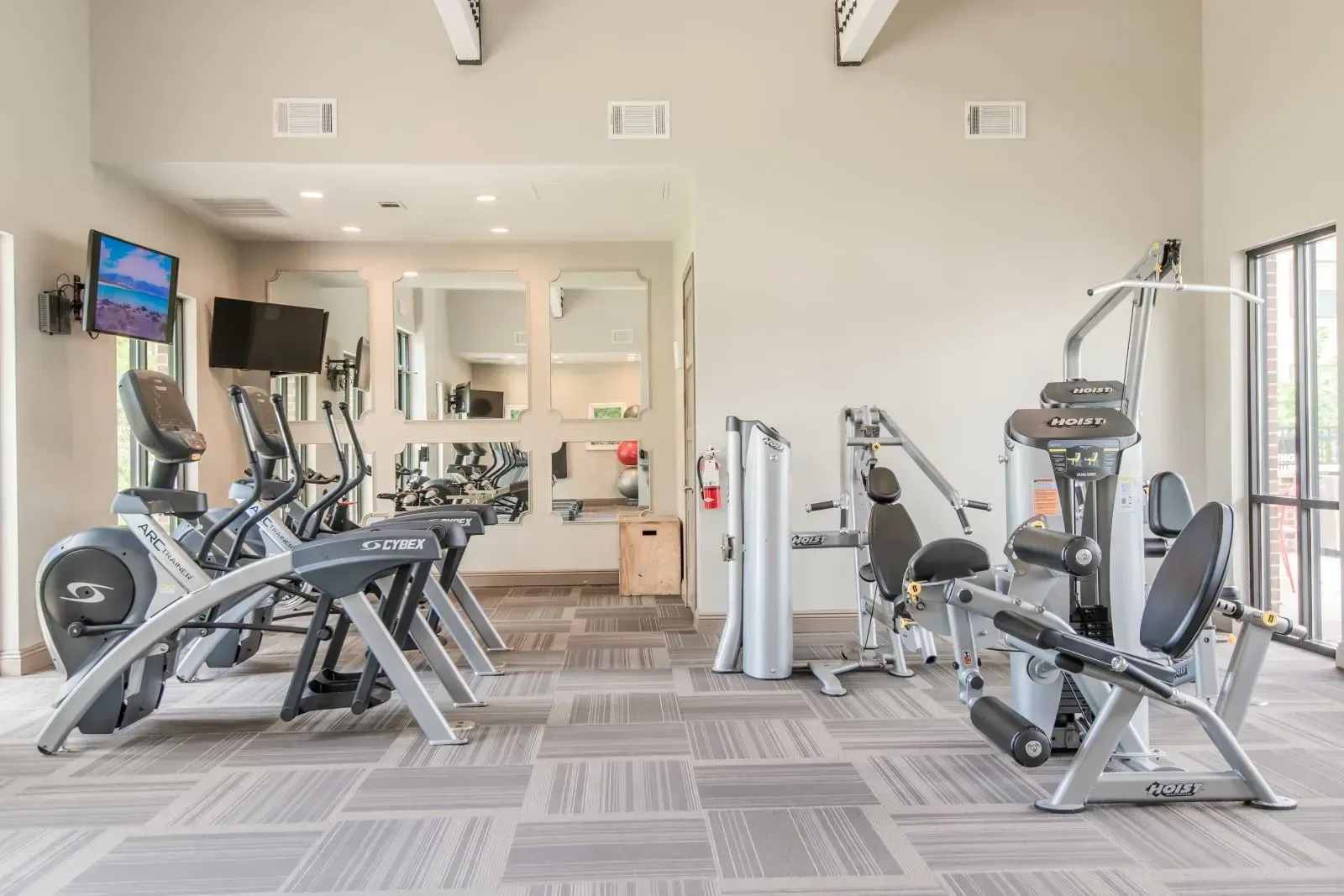 Interior view of a residential gym with cardio machines and weight equipment.