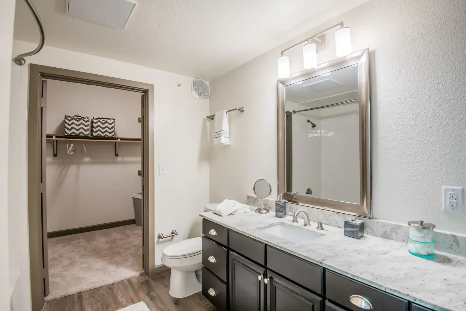 Bathroom vanity with sink, large framed mirror, and towel rack; open closet area visible through doorway.