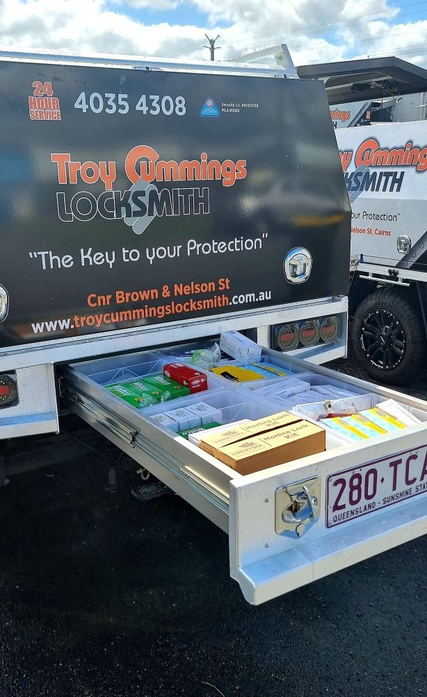 A Truck With A Drawer Open On The Back Of It — Troy Cummings Locksmith In Bungalow, QLD