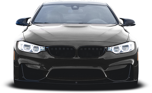 Black BMW sports car, front view, headlights on, against a white background.