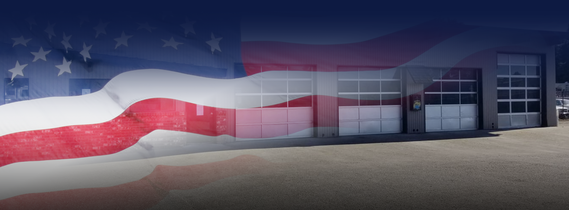 American flag overlayed on a building with garage doors.