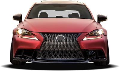 Red Lexus car, front view. Black grille and headlights are visible.