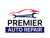 Logo for Premier Auto Repair featuring a red and blue car silhouette and wrench, with company name.