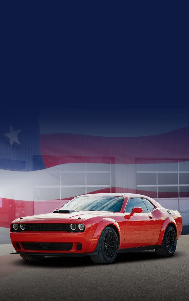 Red Dodge Challenger muscle car in front of a building with a Texas flag overlay.