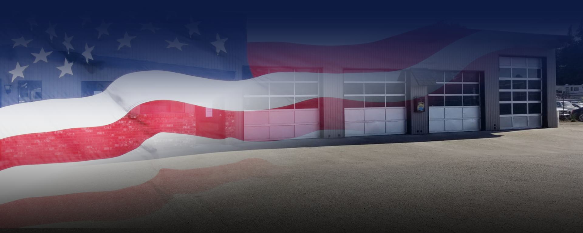 American flag overlayed on a building with garage doors.