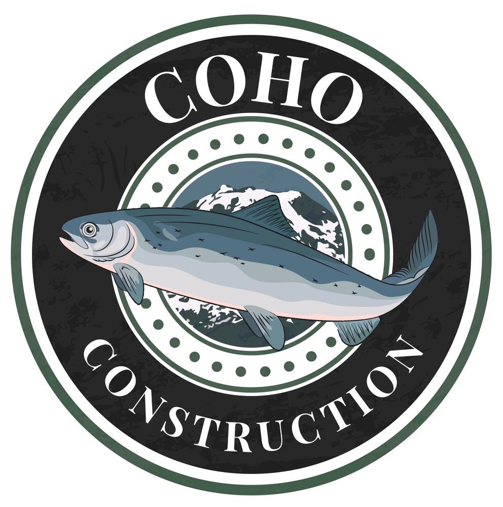 The logo for Coho Construction shows a fish in a circle with mountains in the background.