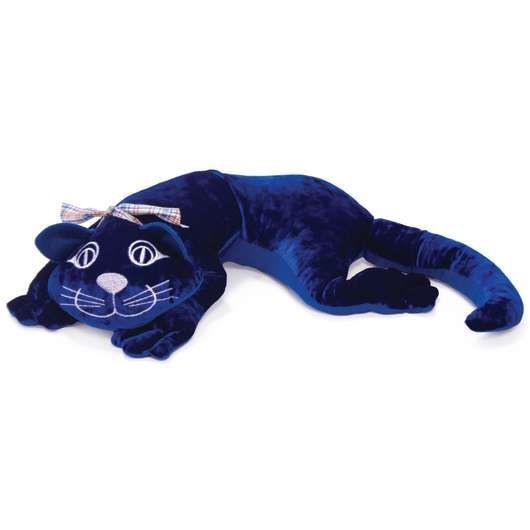 A blue stuffed cat with a bow on its head is laying down on a white background.