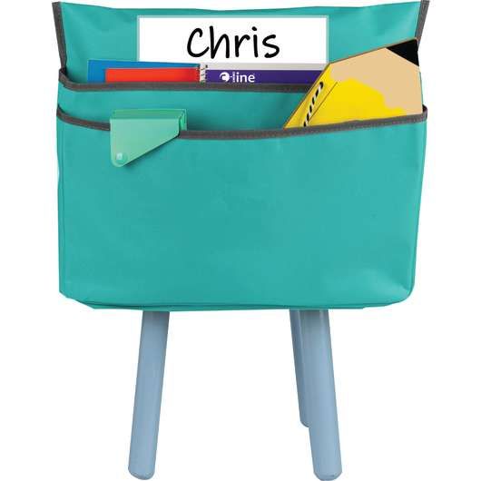 A blue bag with the name chris on it